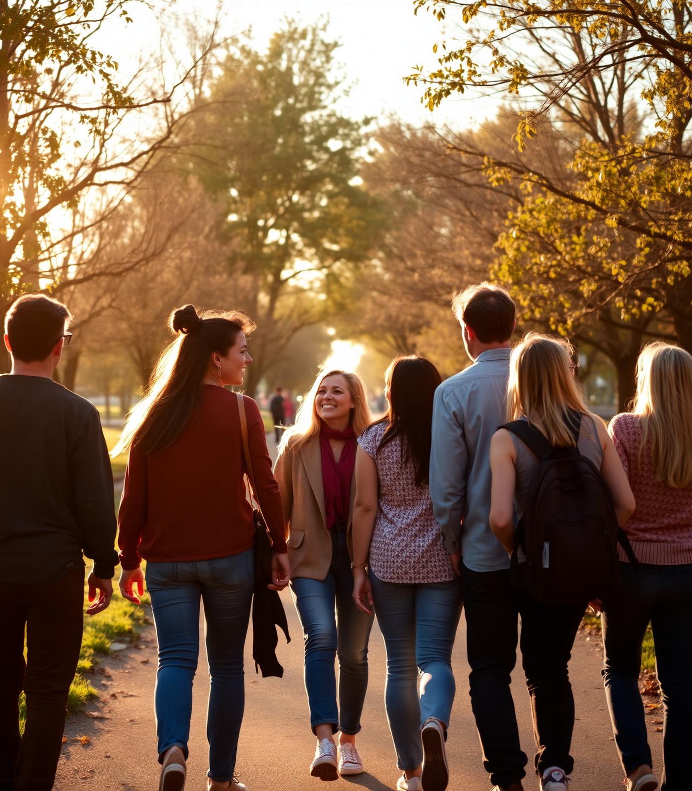Friends walking and laughing together at golden hour.