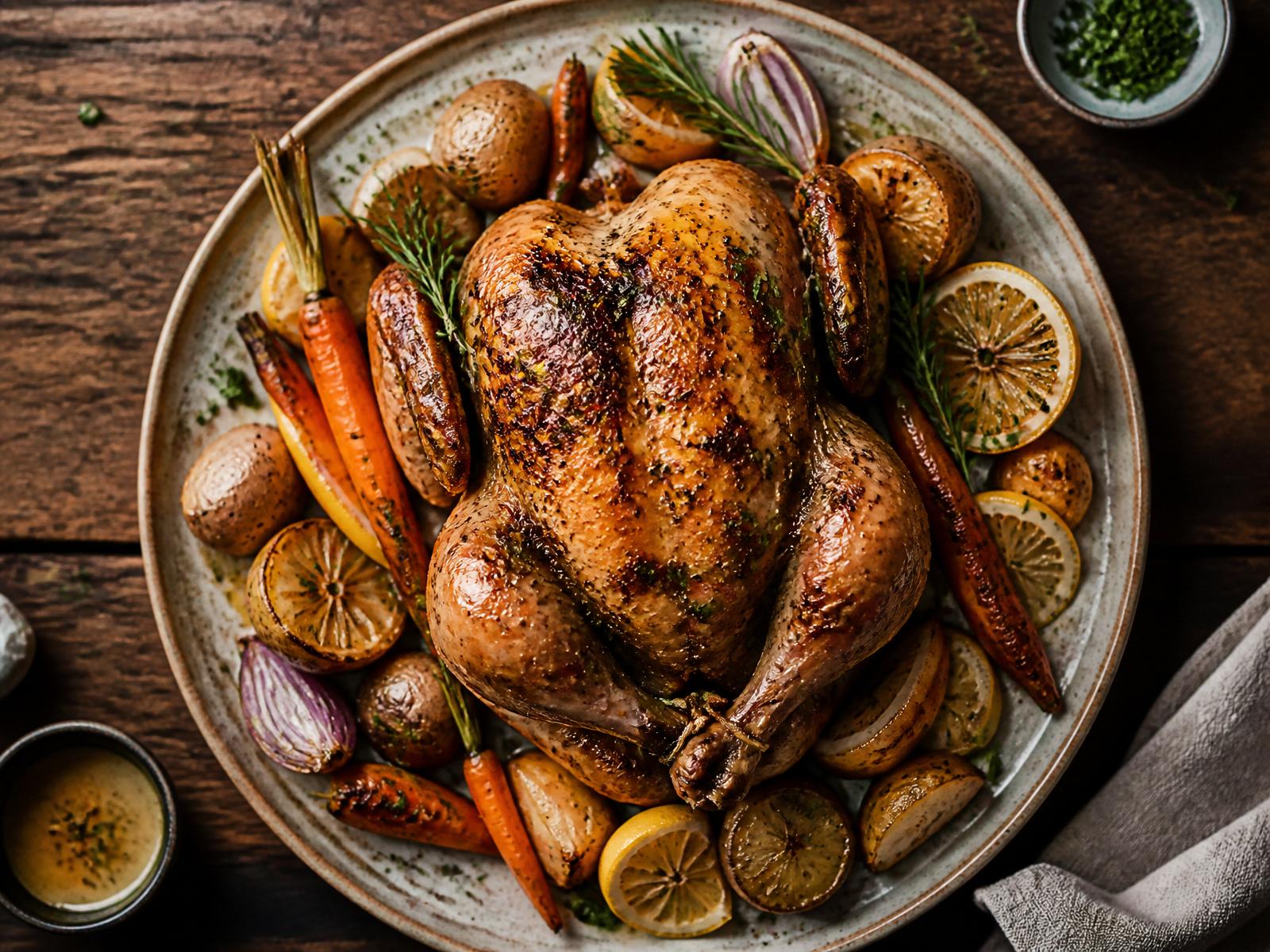 Lemon & herb roast chicken, honeyed roots
