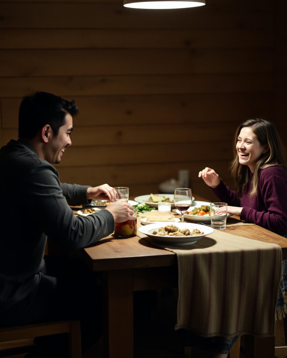 A family sharing dinner around a kitchen table.