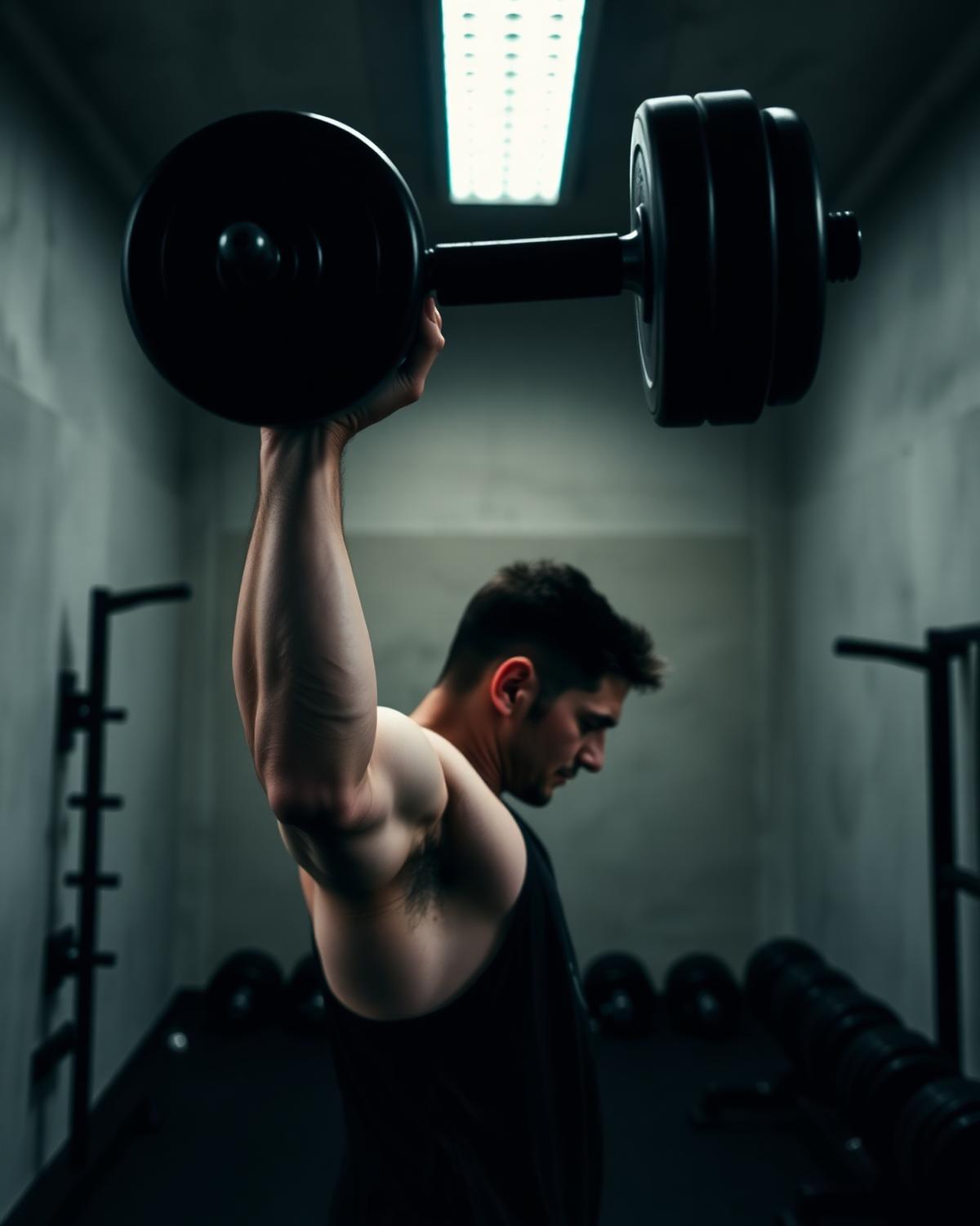 A person training quietly in a minimal gym.